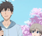 shinichi and uzaki at college with cherry blossoms